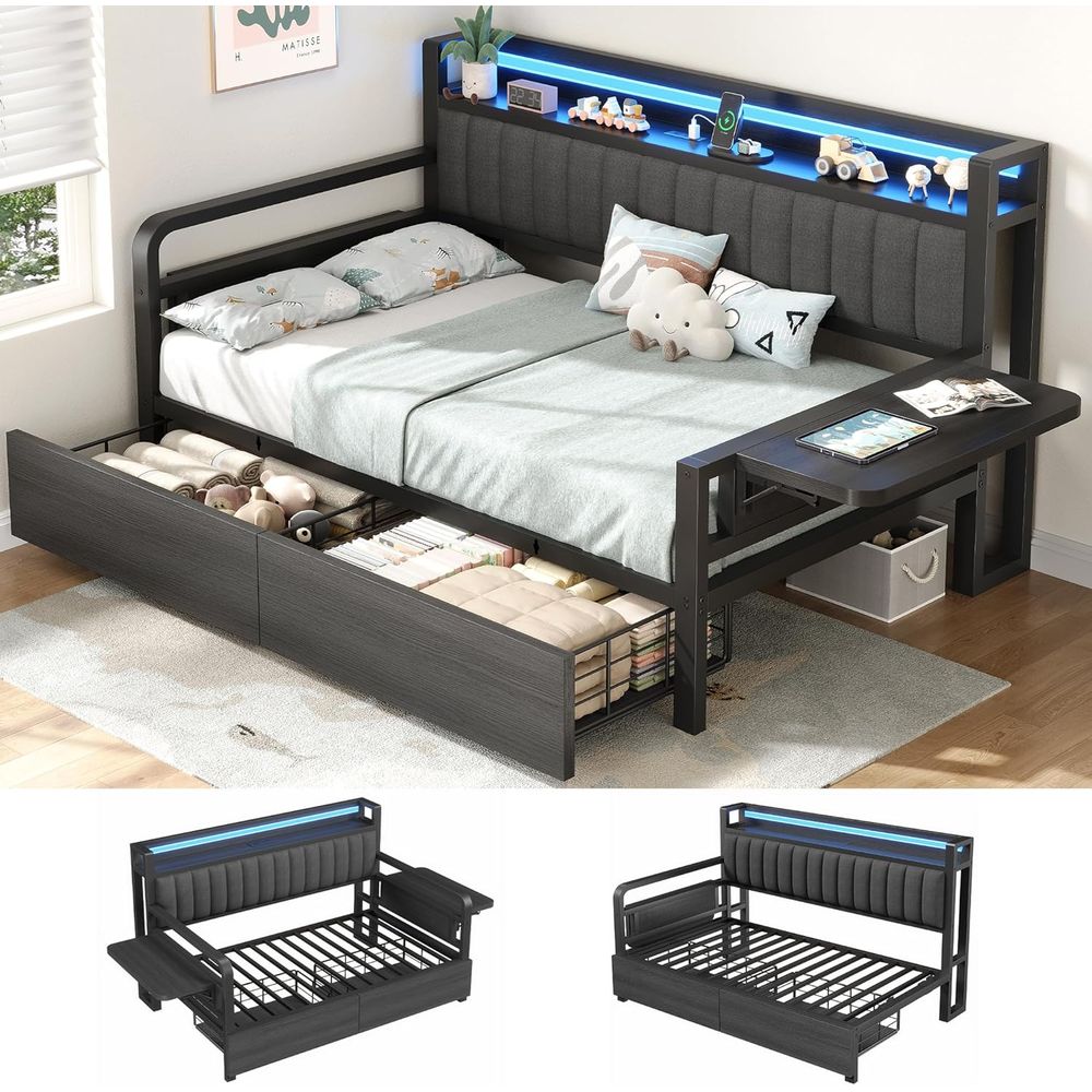 Furniture Lighting & Decor Magazine - Jevol Twin-Bett mit Stauraum und LED-Beleuchtung,