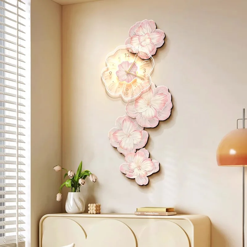 Lighting Home Decor Wall Clocks - Rosa Blume Licht Luxus Wanduhr kreative